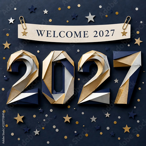2027 new year celebration welcome banner with metallic foil numbers