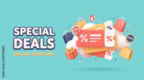 Special deals online shopping banner with 3D gift bags and discount tags