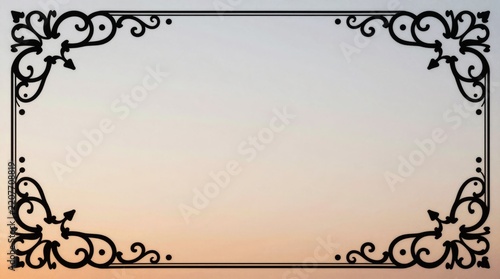 Ornate black frame against soft gradient sky. Elegant swirls and flourishes in each corner