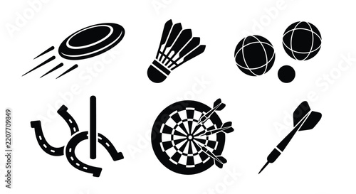 Collection of black silhouettes depicting various sports equipment and games