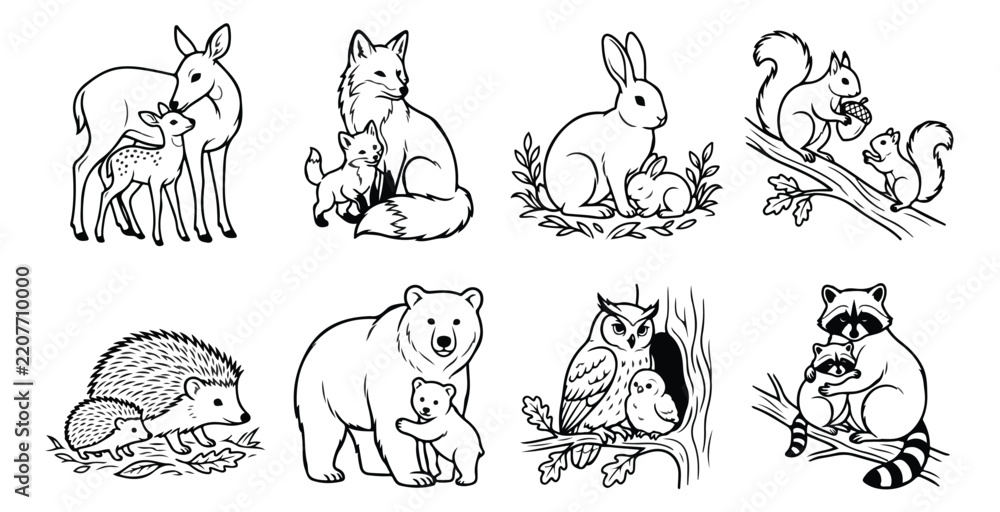 Obraz premium Cute woodland animal families line art vector set, black and white forest animals with baby offspring outline illustrations