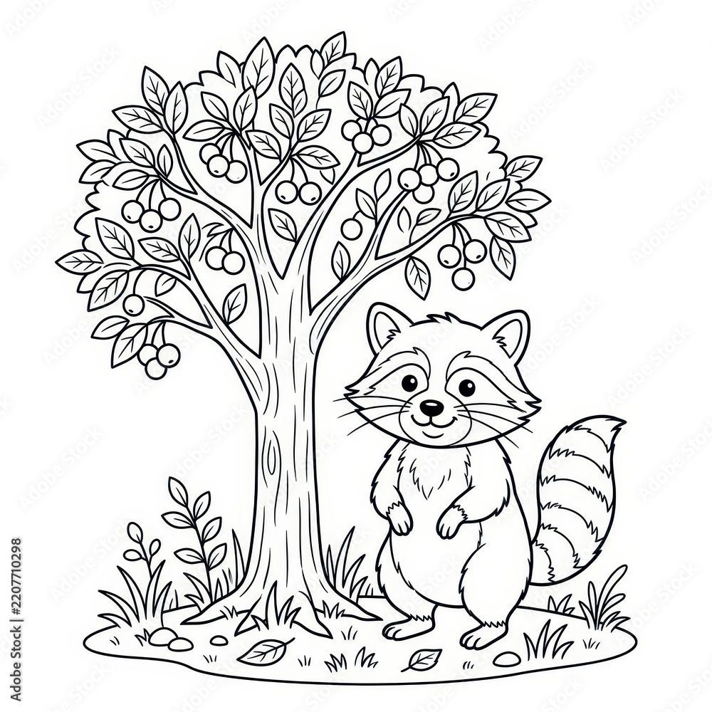 Fototapeta premium Cute raccoon and cherry tree coloring page