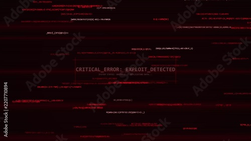 Digital glitch screen with red horizontal lines and text showing 'critical error exploit detected', conveying system failure, cybersecurity threat, data breach, or digital noise