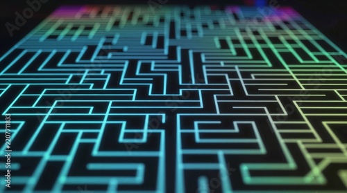 Neon maze glows with vibrant, shifting colors. Paths twist and turn into endless complexity