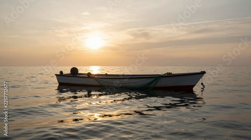 Silent boat floats on calm water at sunset. Golden light glows softly over the horizon