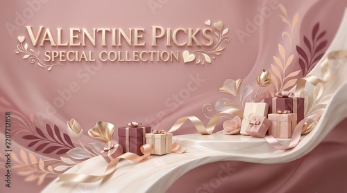 Valentine Day promotional banner with gift boxes on a soft pink background
