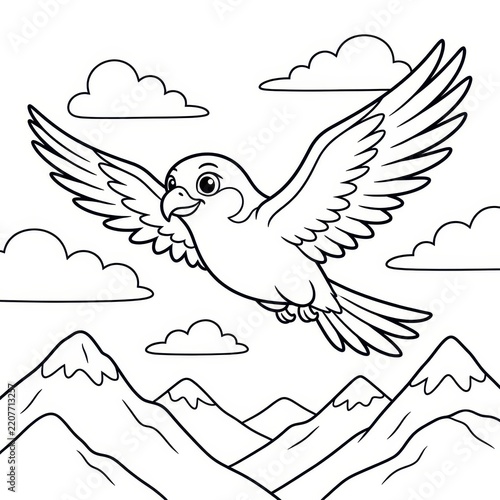 Cute flying bird coloring page with mountains and clouds