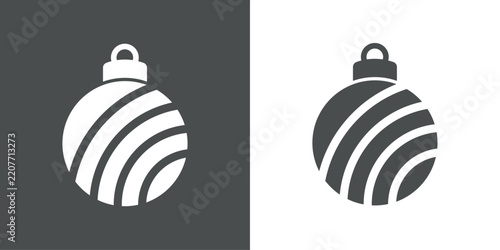 Decoración de Navidad. Logo con silueta de bola de navidad en espacio negativo con líneas paralelas curvas en fondo gris y sin fondo, para tarjetas y felicitaciones