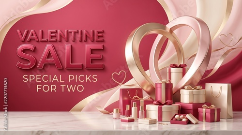 Valentine Sale promotional banner with gift boxes and heart shaped decor