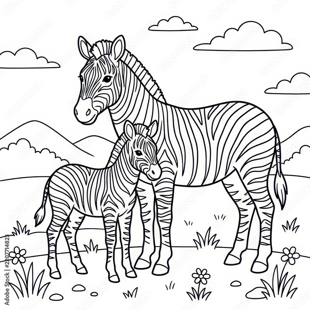 Obraz premium Cute zebra mother and baby coloring page illustration