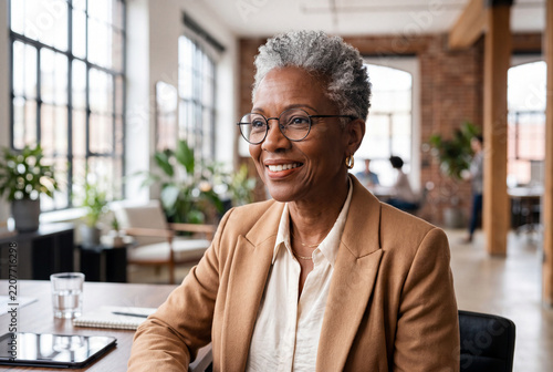 Smiling senior African American businesswoman with gray hair and glasses sitting in modern loft office