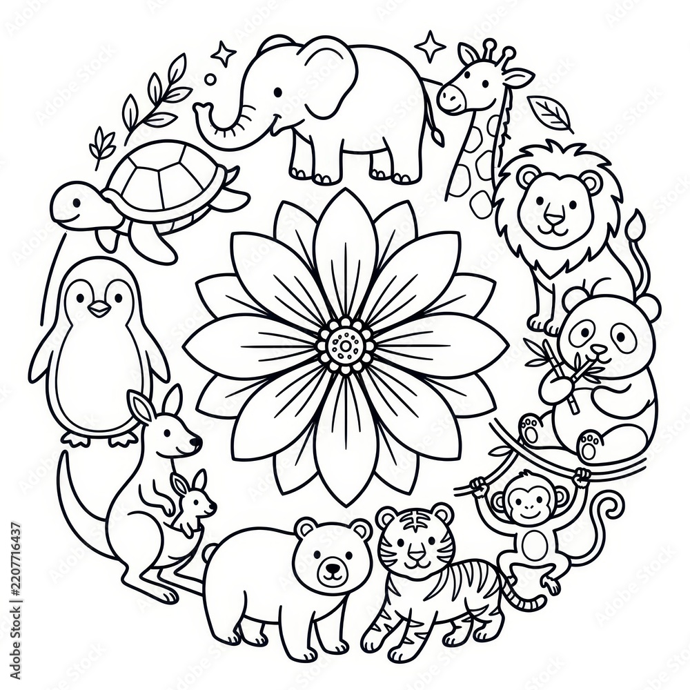 Obraz premium Cute animals coloring page mandala vector