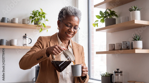 Happy senior African American businesswoman pouring coffee into mug in modern office kitchen