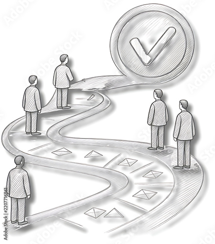 Professionals following approval path with checkmark validation in