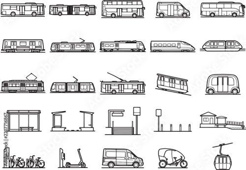 A comprehensive collection of line art illustrations showcasing various forms of public transportation, from buses and trams to trains and bike-sharing systems.