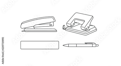 Stationery set including stapler hole punch pen and ruler in line art style