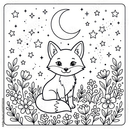 Cute fox coloring page with stars and flowers
