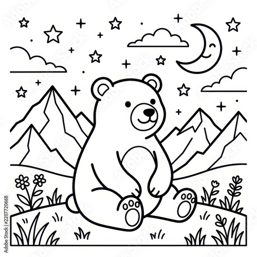 Cute bear coloring page with mountains and stars