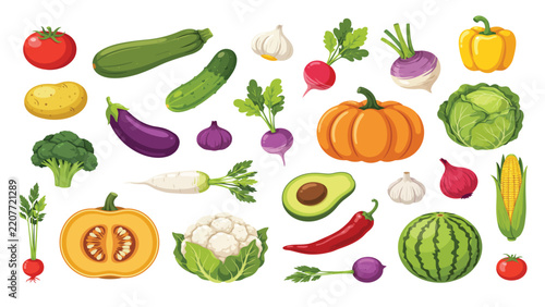 Flat Design Cartoon Garden Fresh Vegetables and Organic Food Vector Set
