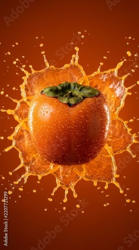 Vibrant Persimmon Fruit with Refreshing Orange Juice Splash