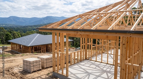 Wooden framing of a new house under construction on a rural hillside with mountain views in the background