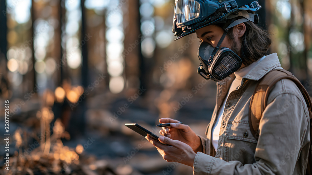 Fototapeta premium Environmental damage assessment specialist wearing protective helmet and respirator documenting a burned forest after a wildfire, charred tree trunks, scorched soil and damaged