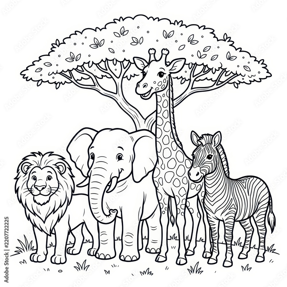 Obraz premium Cute safari animals coloring page line art