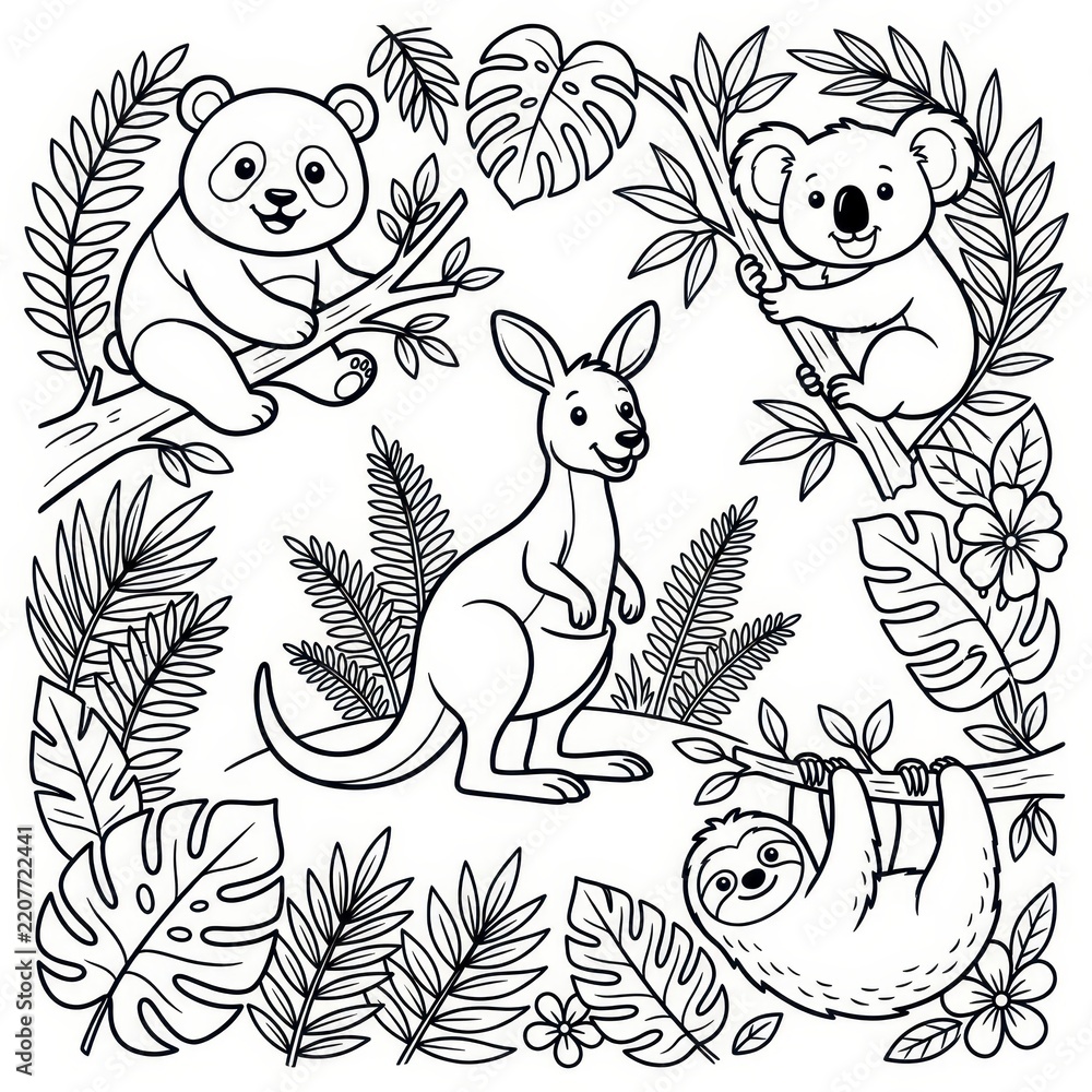Obraz premium Cute animals coloring page with panda koala kangaroo and sloth