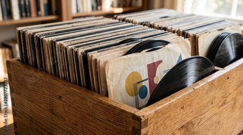 Vintage vinyl records stored in wooden crate filled with records showcasing colorful album covers and classic black vinyl discs.