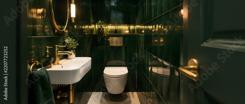 Powder room clad in dark green gloss tiles with soft reflections and a small white basin