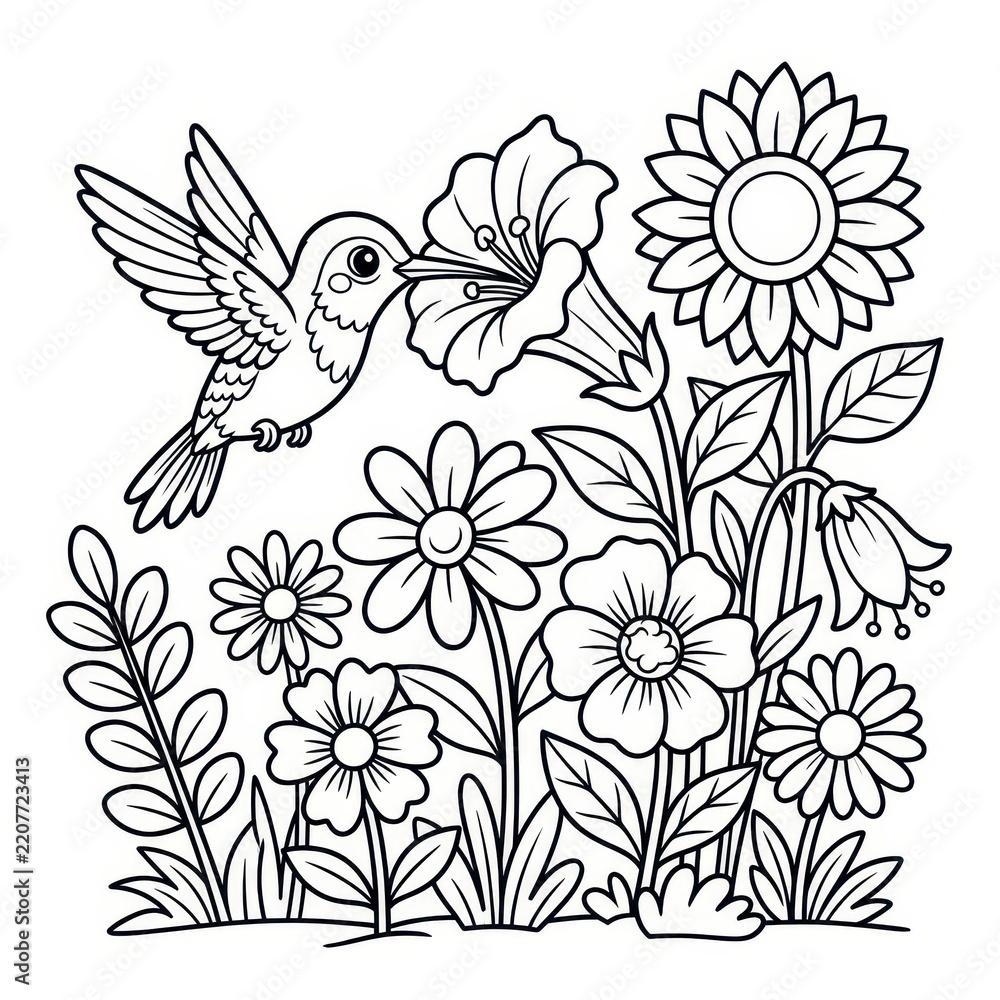 Obraz premium Hummingbird and flowers coloring page vector