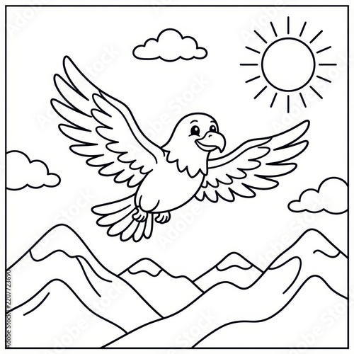 Cute eagle flying over mountains coloring page