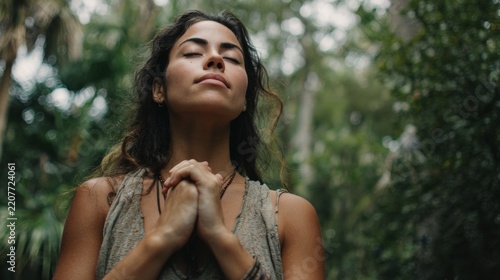Woman practices mindfulness in a green forest while closing her eyes and holding her hands together
