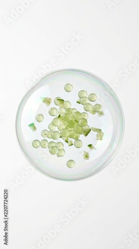 Green gel pearls and cucumber pieces in iridescent bubble on white