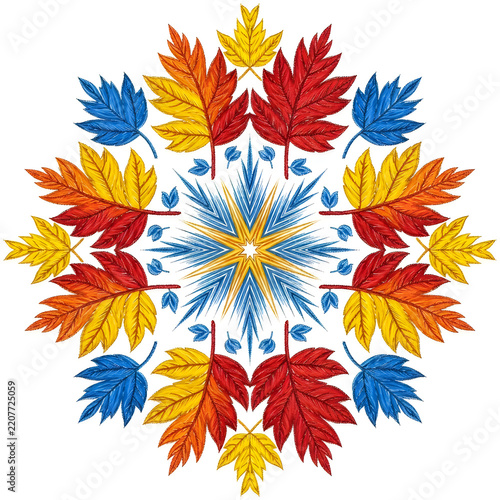 Colorful autumn maple leaves mandala design with sunburst center