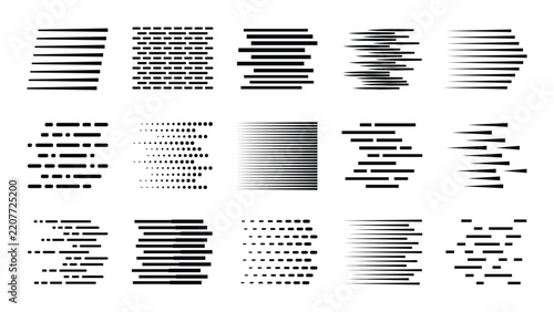 Speed lines and motion effects set vector illustration. Horizontal fast movement stripes, dashed lines, and gradient transition textures isolated on white background for dynamic race design.