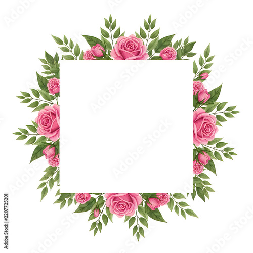 Pink roses decorative frame with green leaves border