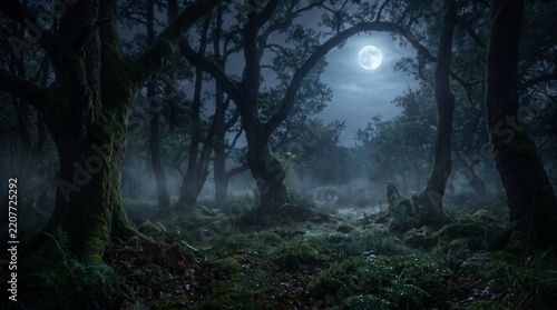 Enchanted dark forest landscape bathed in bright full moon light with misty ground and ancient trees.