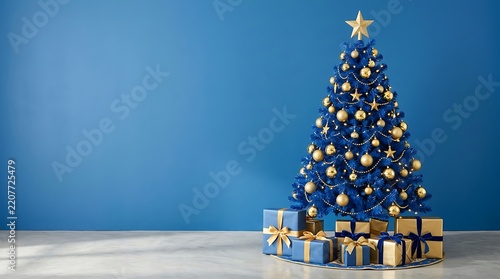 Decorated blue Christmas tree with gold ornaments and gift boxes on a blue background