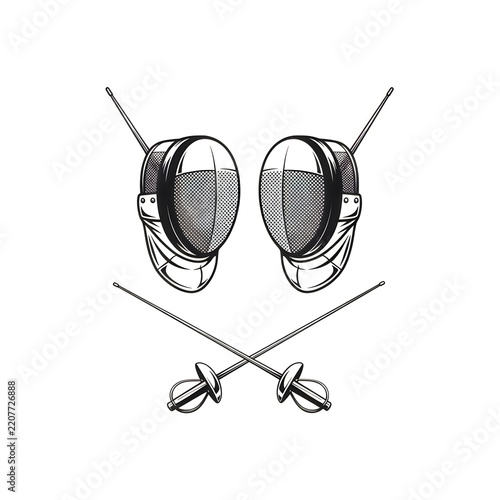 Two fencers with crossed swords and masks