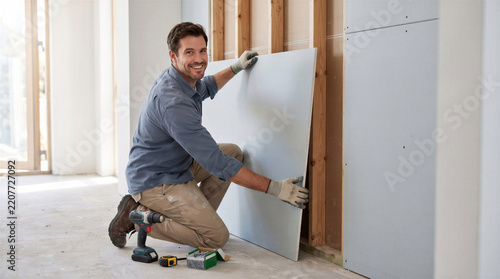 A smiling worker installs a drywall panel inside a building under renovation. The hands-on task shows skilled interior construction and practical home improvement work
