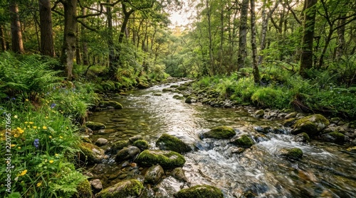 Lush green forest river flowing through majestic ancient woodland featuring mossy rocks vibrant wildflowers and crystal clear water wilderness scenery