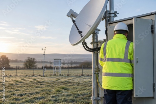 Ground antenna technician from rear inspects cable housing