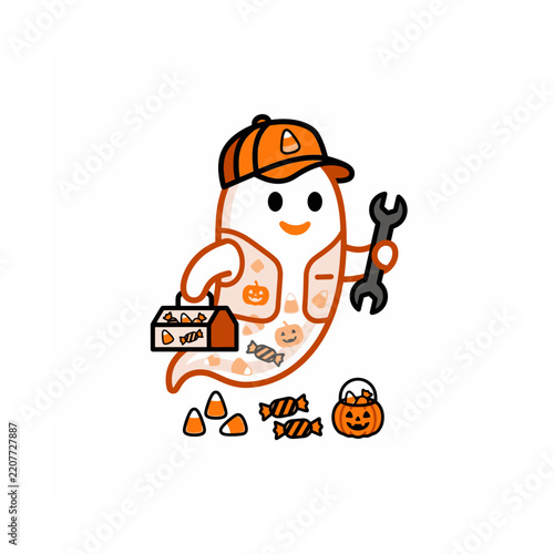 Ghost mechanic holding a wrench and toolbox with candy