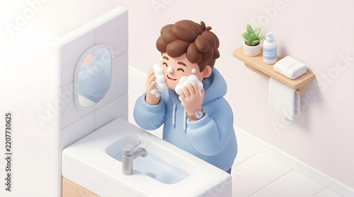Cute young man washing face with soap foam in bathroom isometric miniature room