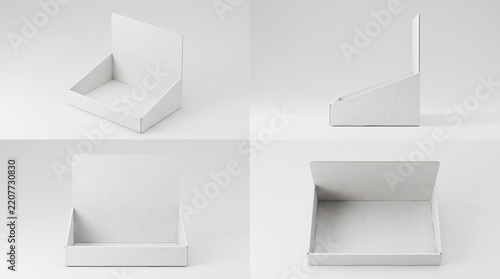 Blank white cardboard counter display box mockup set, retail POS display stand template, point of sale packaging container
