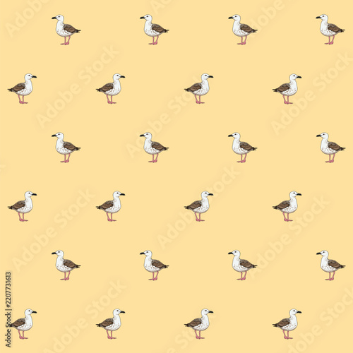 Seamless seagull pattern on a pale yellow background