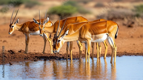 A herd of impalas drinking cautiously at a watering hole, watchful, serene