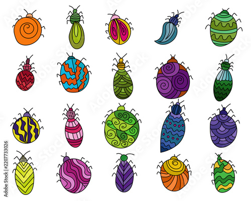 Doodle set of colorful hand drawn abstract bugs and beetles with decorative patterns, whimsical insect collection vector illustration