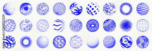 Set of abstract geometric shapes with bitmap, halftone and stipple effect. Trendy vector illustration with 3d wireframe models. Concept techno style